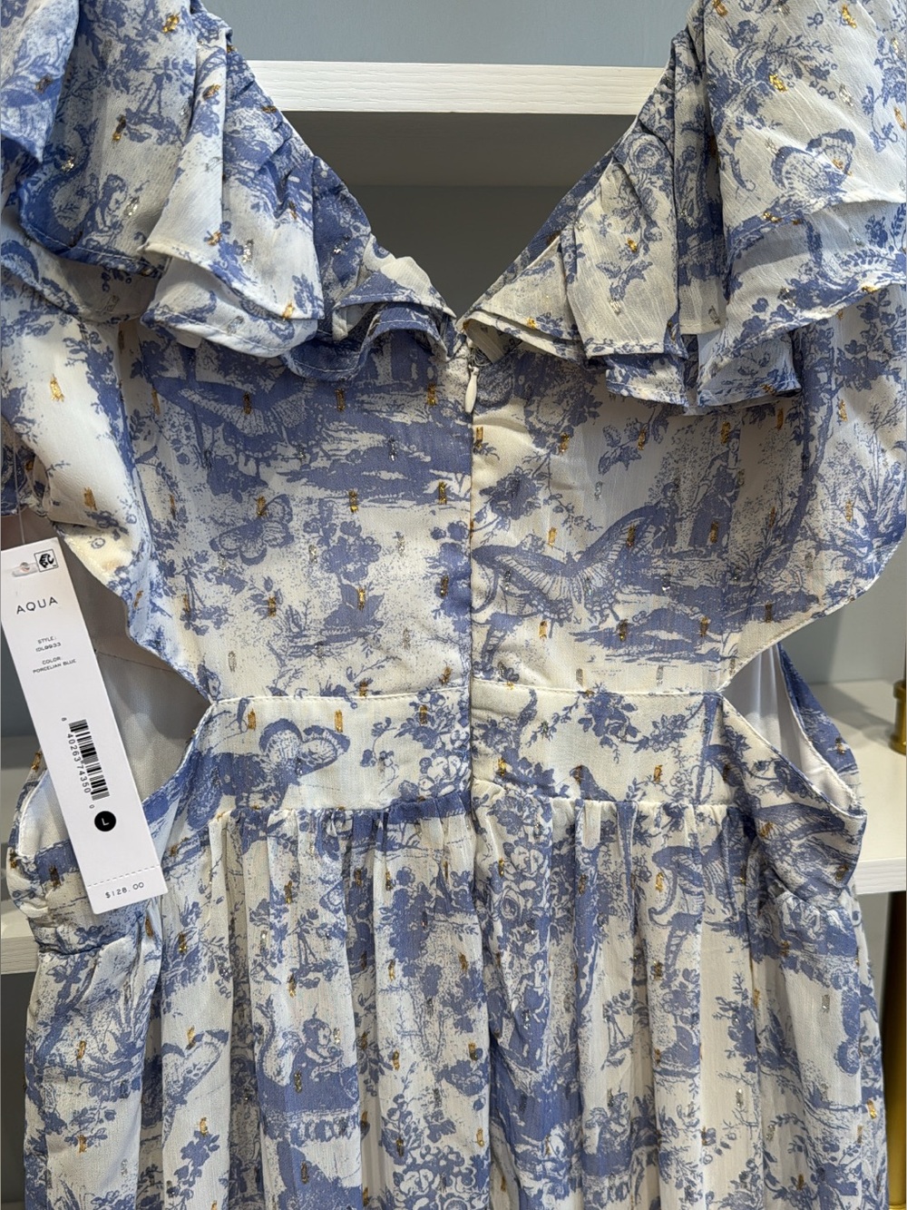 NWT Porcelain Blue and White Floral Ruffle Maxi Dress with Gold Foil Accents - Picture 5 of 7